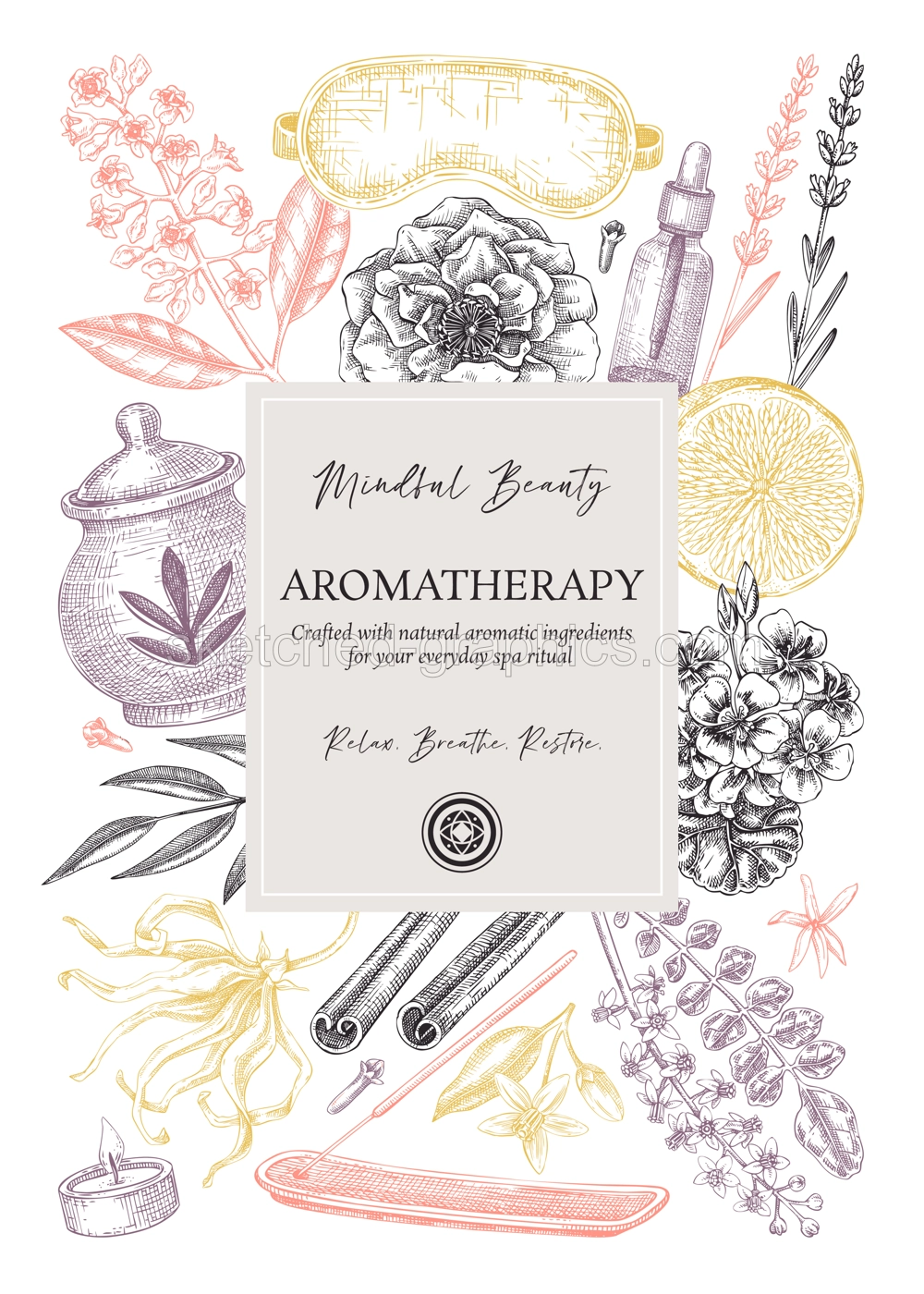 Aromatherapy elegant frame design. Spa and wellness hand-drawn vector illustration. Self care floral card, cover, flyer template. NOT AI generated Illustration